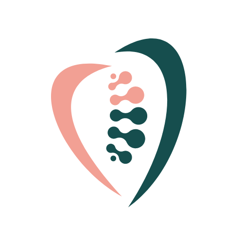 Bild zeit das Logo der Praxis Hips Don't Lie in Hamburg. Zwei halben herzen symbolisieren ein ganzen herz in pastelorang und pastelgrün. In der Mitte wird die Wirbelsäule in den gleichen Farben dargestellt. 